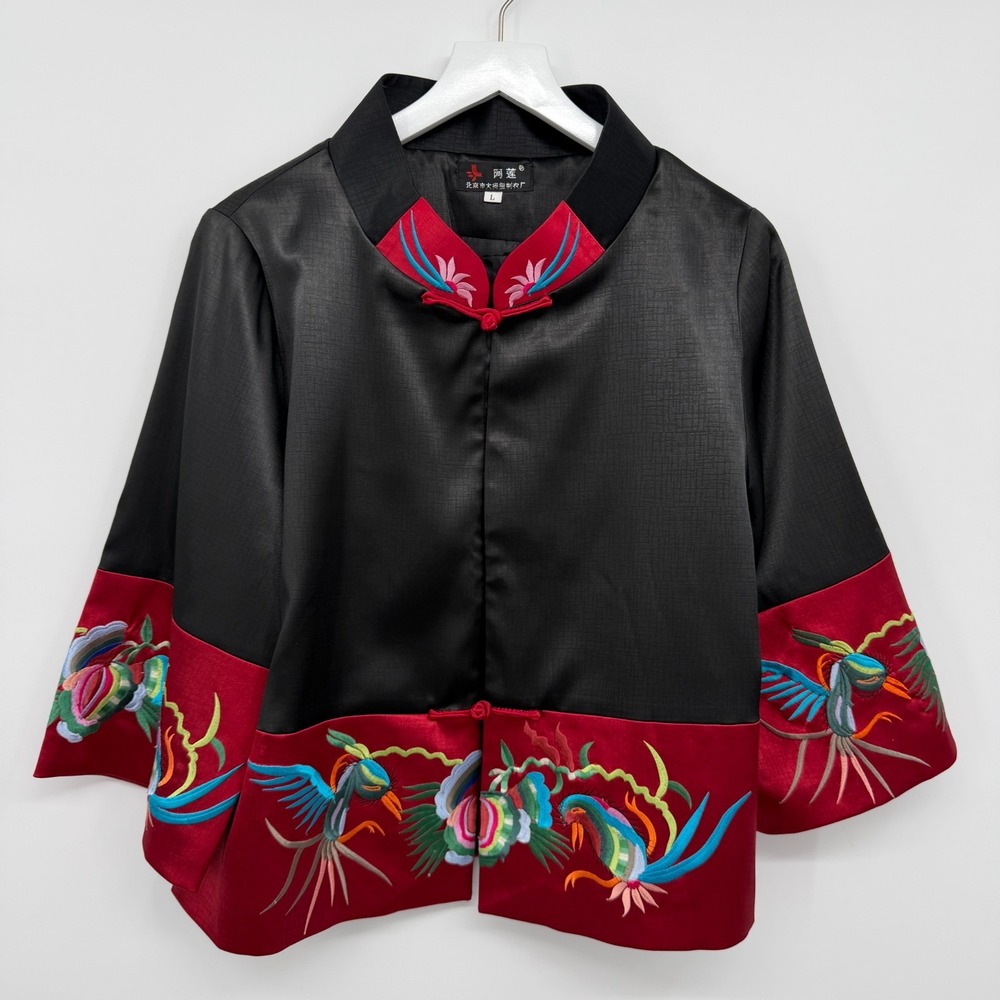 Embroidered Oriental‎ Embroidered Jacket Womens Large 3/4 Sleeve Satin Dragon